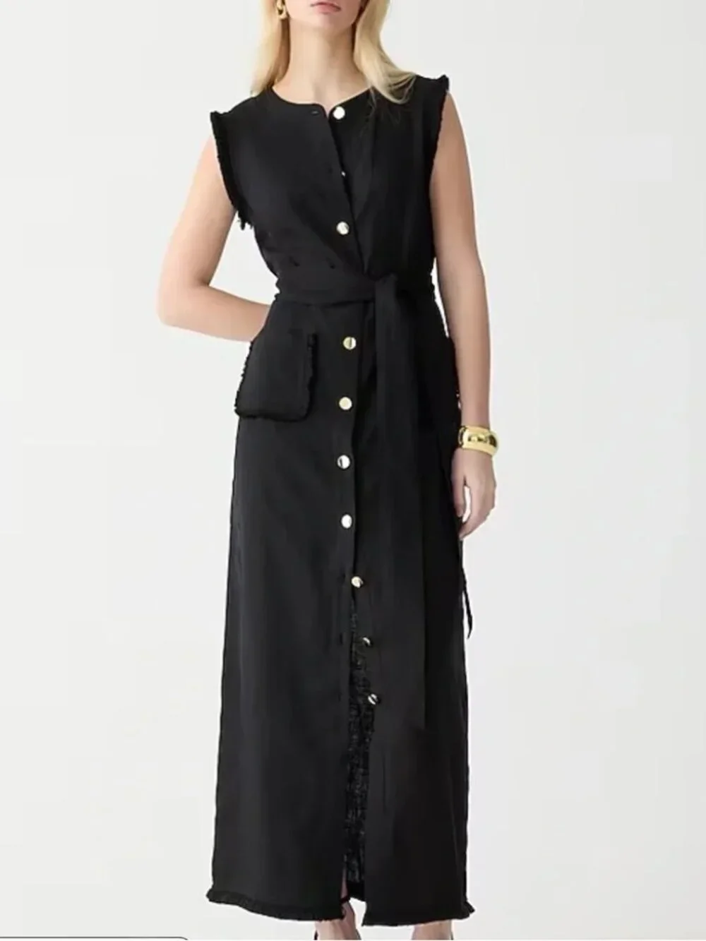 J. Crew Raw Hem Maxi Linen Shirt Dress in Black Size XL